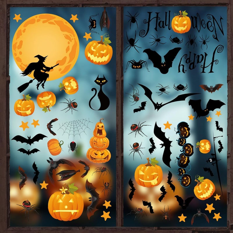 i-Beeboo Pumpkin Spider Bats Shop Window Clings for Halloween Decorations, Double Side Halloween Window Clings Decorations Removable for School Shop Home Decor/Indoor Party Decorations - Image 1